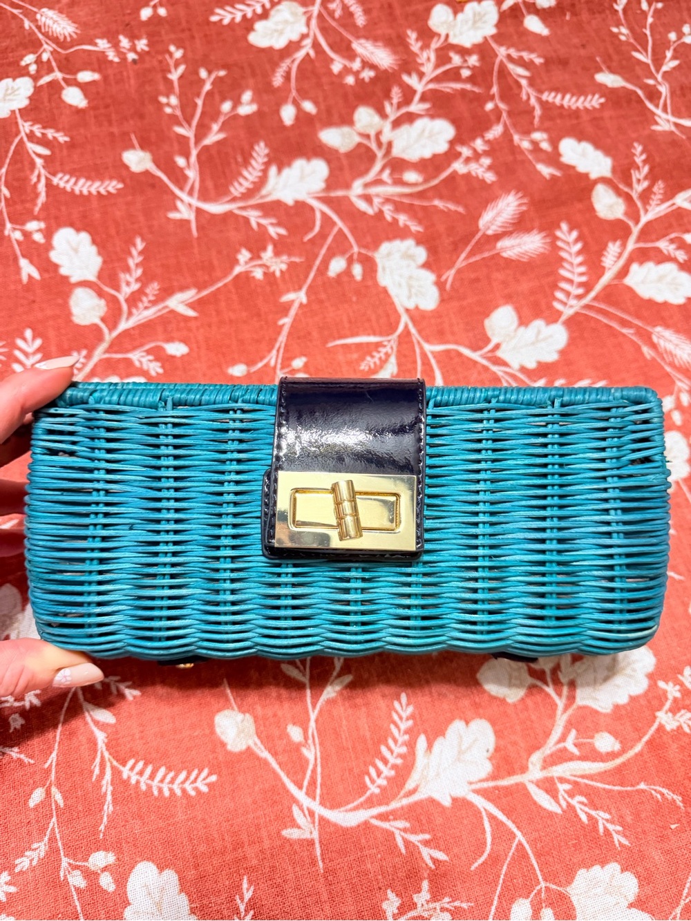 J. Crew Turquoise Woven Clutch with Black Tab and Gold Turn-Lock